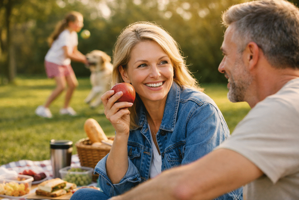 Woman with restored teeth smiling while holding an apple
